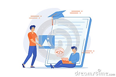 Programming courses web design concept with people. Students studying with computers scene. Online IT courses composition in flat Vector Illustration