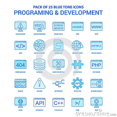 Programming and Developement Blue Tone Icon Pack - 25 Icon Sets Vector Illustration