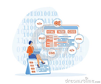 Programming And Engineering Development. Tiny Girl Programmer Or ...