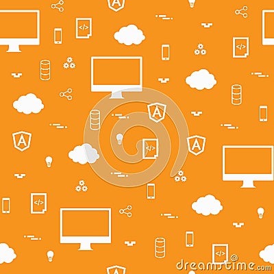 Programming flat icons seamless pattern on orange background Vector Illustration
