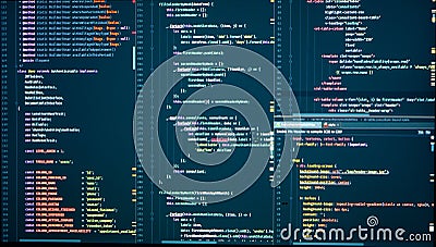 Programming with HTML, PHP and javascript. Backend source code on monitor Stock Photo