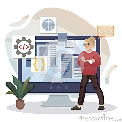 Programming. Isolated flat style colored illustration. School lessons. Learning programming languages. Vector Illustration