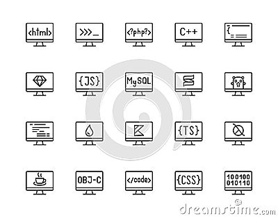 Programming languages flat line icons set. Html code, php, java language, python on computer desktop vector Vector Illustration