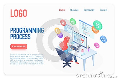 Programming process landing page isometric vector template Vector Illustration