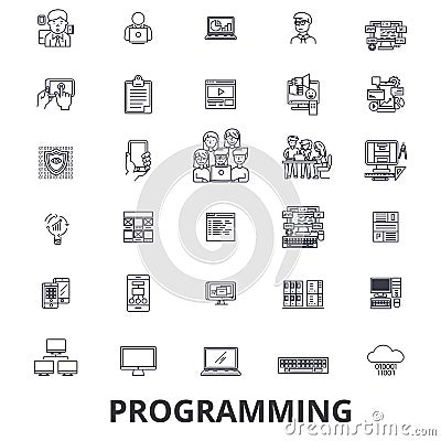 Programming, programmer, code, computer, software, development, application line icons. Editable strokes. Flat design Vector Illustration