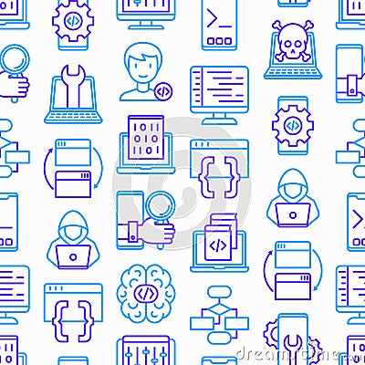 Programming seamless pattern with thin line icons: developer, code, algorithm, technical support, program setup, porting, Vector Illustration