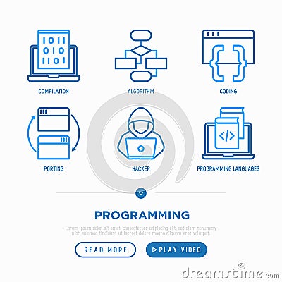 Programming thin line icons set: coding, algorithm, porting, compilation, hacker, programming languages. Modern vector Vector Illustration