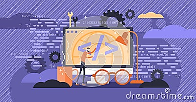 Programming vector illustration. Flat tiny person concept with IT computer. Vector Illustration