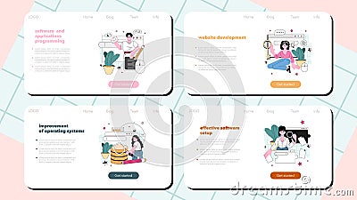 Programming web banner or landing page set. Coding, testing Vector Illustration