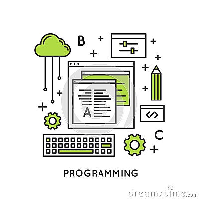 Programming and Web Development or SEO Process and Optimization Vector Illustration