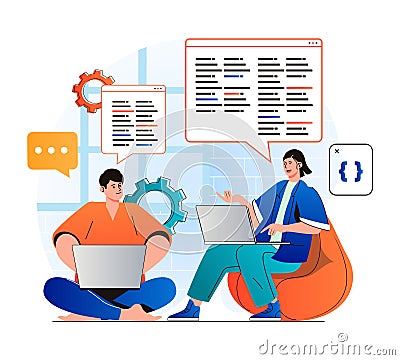 Programming working concept in modern flat design. Developer team creates software, brainstorming and working together at office. Vector Illustration