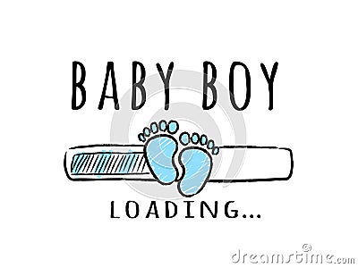 Progress bar with inscription - Baby boy loading and kid footprints in sketchy style. Vector Illustration