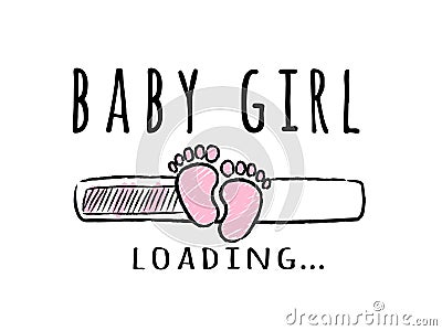 Progress bar with inscription - Baby Girl loading and kid footprints in sketchy style. Vector Illustration