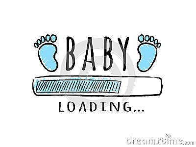 Progress bar with inscription - Baby loading and kid footprints in sketchy style. Vector Illustration