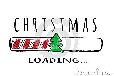 Progress bar with inscription - Christmas loading and fir-tree in sketchy style. Vector Illustration