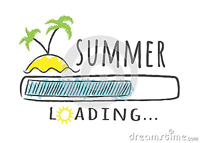 Progress bar with inscription - Summer loading and palms on the beach in sketchy style. Vector Illustration