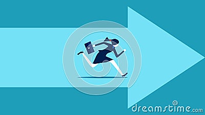 Progress. A business woman runs forward following the arrowhead. business concept Vector Illustration