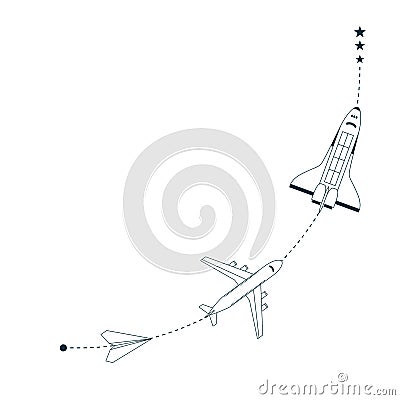 Progress, development, improvement illustration. Planes and shuttle flying through the pathway Vector Illustration