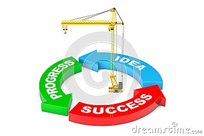 Progress, Idea, Success Arrow Diagram with Tower Crane. 3d Rendering Stock Photo