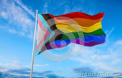 Progress LGBTQ rainbow flag waving in the wind at cloudy sky. Freedom and love concept. Pride month. activism, community and Cartoon Illustration