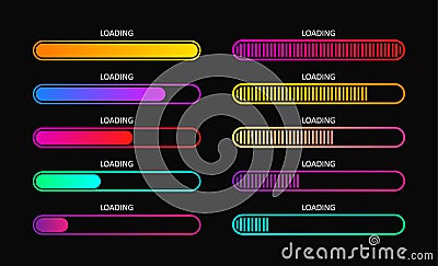 Progress load bar. Indicator of status download. Graphic icons of interface. Neon buttons of speed of upload. Color set of web Vector Illustration