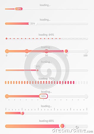 Progress load bar. Indicator of status download. Graphic icons of interface. Neon buttons of speed of upload. Color set Vector Illustration