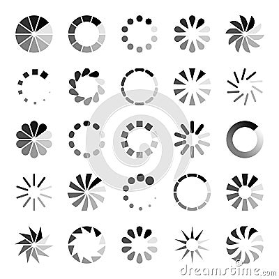 Progress loader icons. Load spinning circle circular buffering indication waiting loading computer website download Vector Illustration