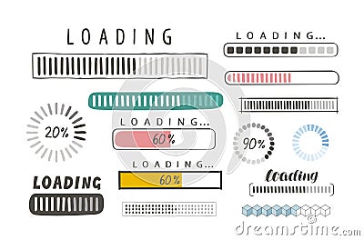 Progress loading bar, set of icons. Load symbol. Hand-drawn sketch vector Vector Illustration