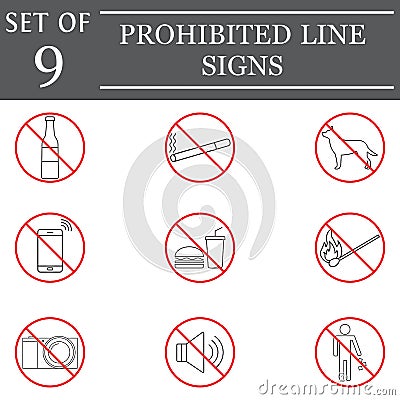 Prohibited color line icon set, red forbidden sign Vector Illustration