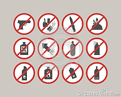 Prohibited luggage items. Airport restrictions. Dangerous stuff for airplane. Vector Illustration