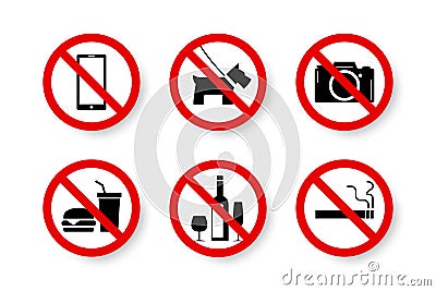 Prohibited set of isolated forbidden, not allowed, no signs. Vector Illustration