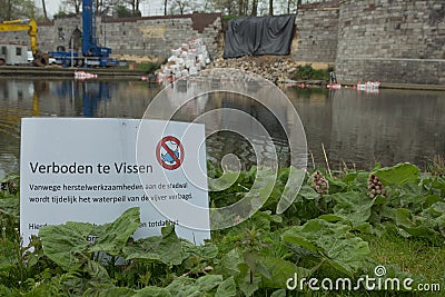 Prohibited to fish due to collapsed fortified wall Editorial Stock Photo