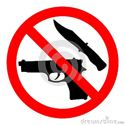 Weapon prohibited icon. Forbidding vector sign `No weapons` with gun and knife. Vector Illustration