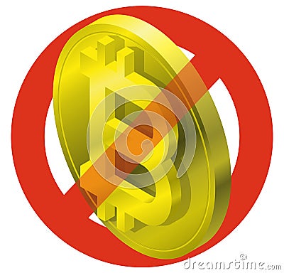 Prohibition of bitcoin coin, symbol. Cryptocurrency strict ban sign. Caution of virtual digital currency, internet investing. Vector Illustration