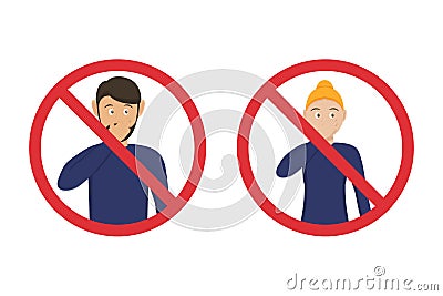 Prohibition icons do not touch your nose with man and woman in a flat design. Tips for not picking up a virus Vector Illustration