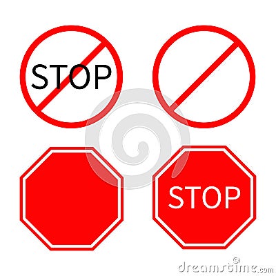 Prohibition no symbol Red round stop warning road sign set Template Isolated on white background. Flat design Vector Illustration