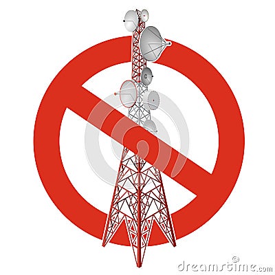 Prohibition of satellite tower. Strict ban on construction of transmission tower pylons. Vector Illustration