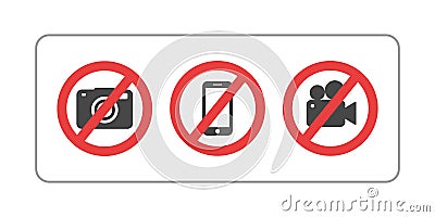 Prohibition sign no camera, no mobile phone and no video recording signboard simple flat style vector illustration Vector Illustration