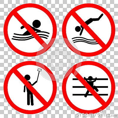 Prohibition sign for no swim, jump, self portrait and climb at transparent effect background Vector Illustration