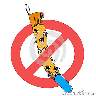 Prohibition sign to use sticky tape for flies. Vector illustration icon of adhesive ribbon trap with glued flies. Forbidden sign Cartoon Illustration