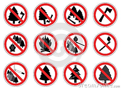 Prohibition signs of action in forest with trees, set, vector. Vector Illustration