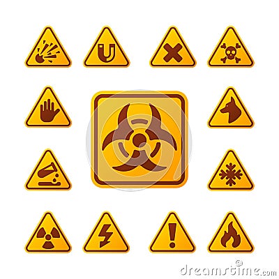 Prohibition signs set industry production vector yellow red warning danger symbol forbidden safety information and Vector Illustration