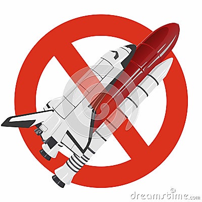 Prohibition of space shuttle. Strict ban on construction of spaceship, forbid. Stop universe discovering. Vector Illustration
