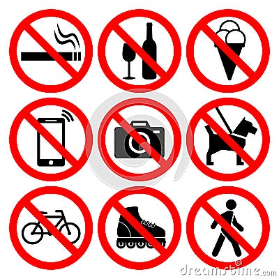 Prohibition symbols set. Vector Illustration