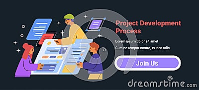Project development process teamwork concept colorful characters collaborating on digital interface dark background Vector Illustration
