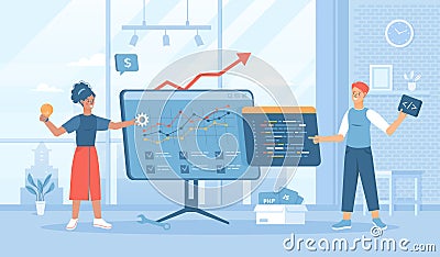 Project development. Team of programmers work with code. Man and woman generate new ideas, teamwork on project. Vector Illustration
