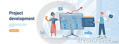 Project development. Team of programmers work with code. Man and woman generate new ideas, teamwork on project. Vector Illustration