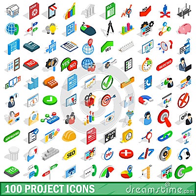 100 project icons set, isometric 3d style Vector Illustration
