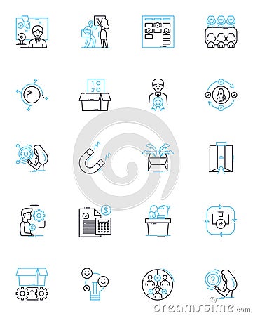 Project kickoff linear icons set. Initiative, Launch, Commencement, Foundation, Beginning, Start, Inception line vector Vector Illustration