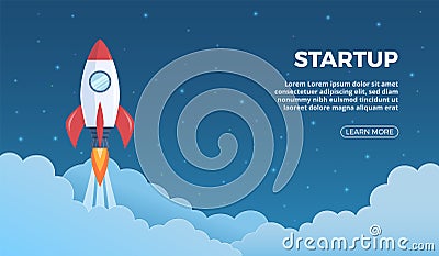 Project launch. Business startup landing page with rocket symbol, starting shuttle banner, future website presentation Vector Illustration